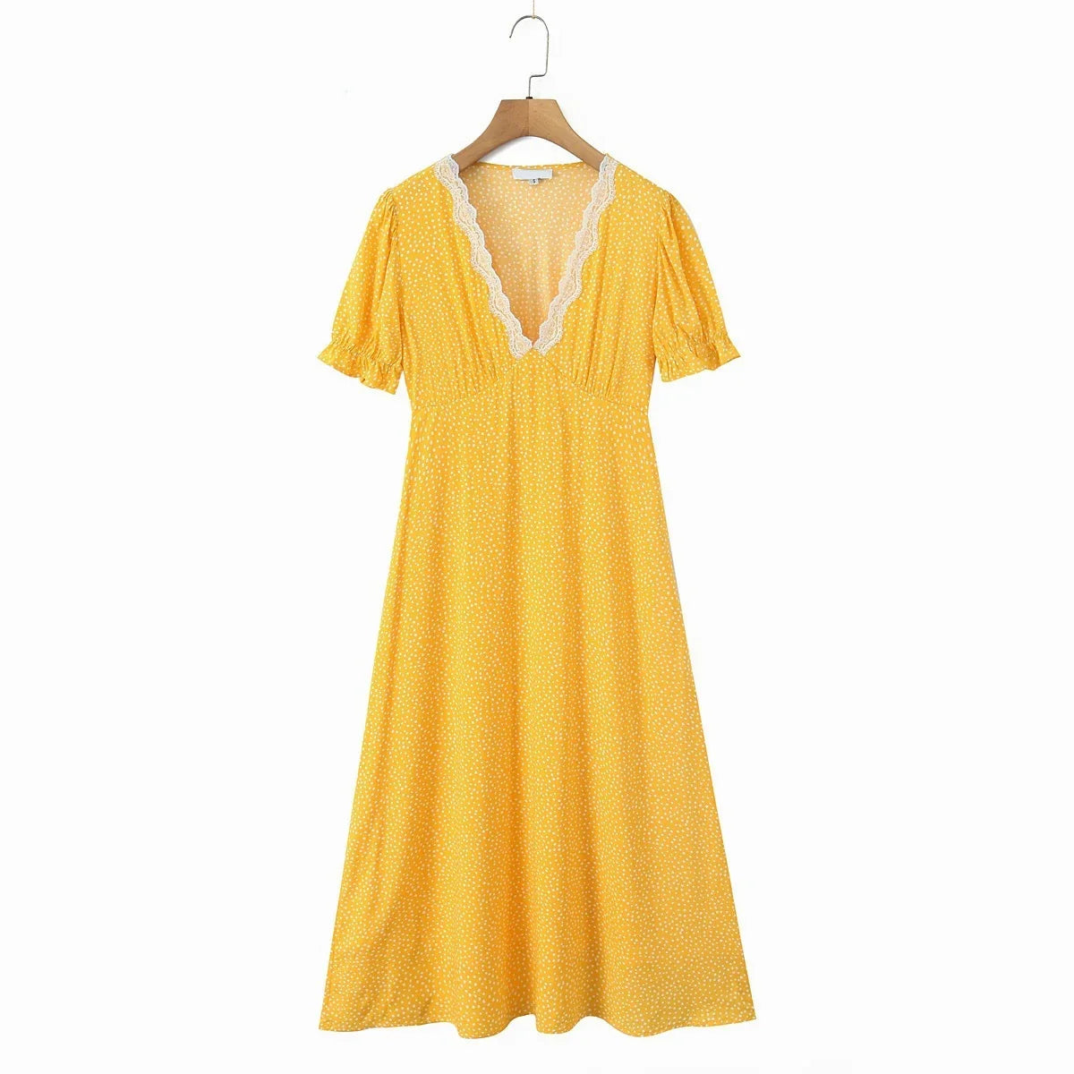 Summer French Style Lace Trim V Neck Polka Dot Dresses