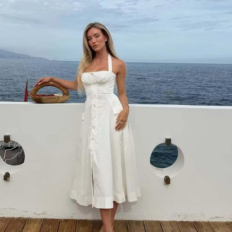 Elegant Retro White Halter Midi Dresses