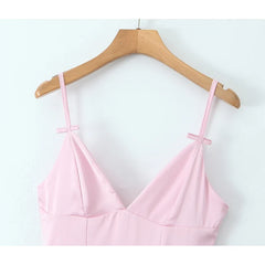 High Street Satin Pink Sling Sexy Elegant Dresses Thin Straps V Neck A-line Midi Evening Party Dresses
