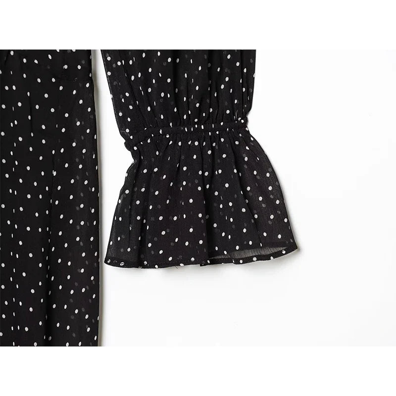 French Style Polka Dot High Neck Pleated Chiffon Dresses