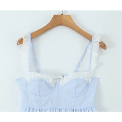 Lace Spliced Blue Striped Sling Short Dresses
