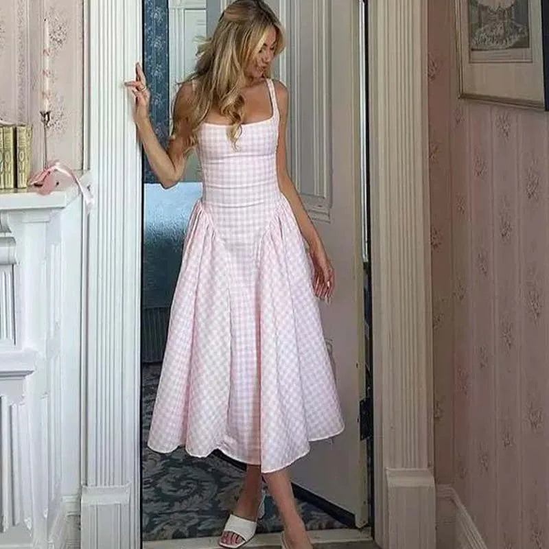 Lace Up Bandage Plaid Sling Dresses