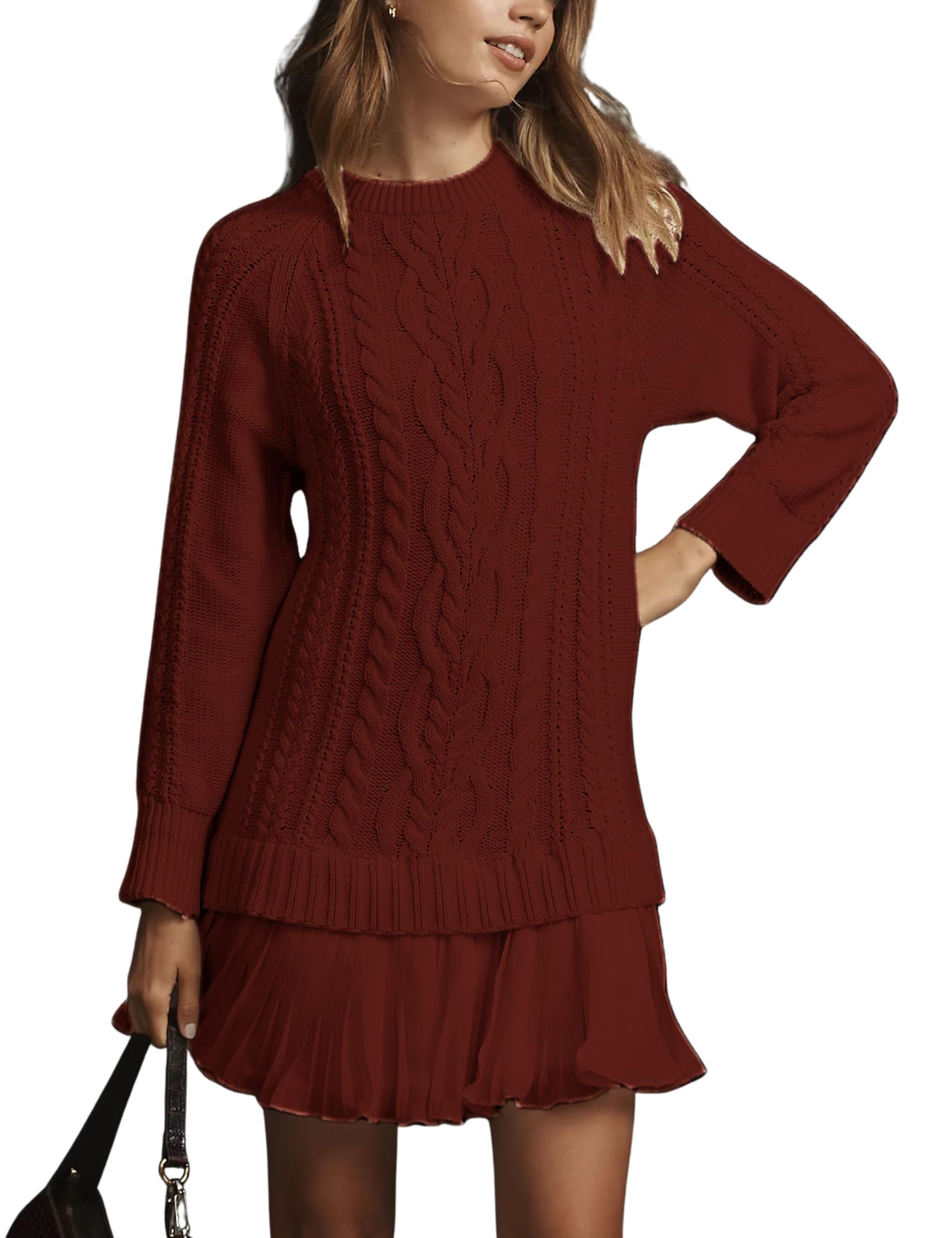 Round Neck Cable Knit Sweater Mini Skirt