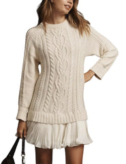 Round Neck Cable Knit Sweater Mini Skirt