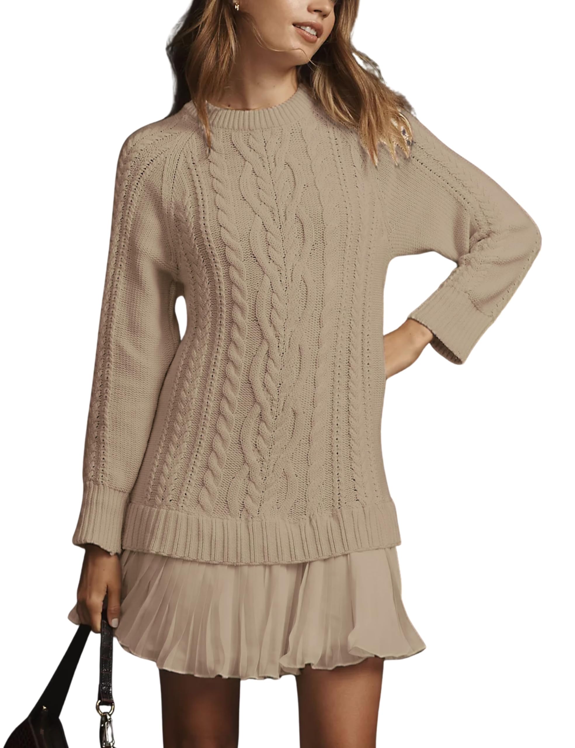 Round Neck Cable Knit Sweater Mini Skirt