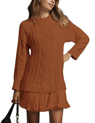 Round Neck Cable Knit Sweater Mini Skirt