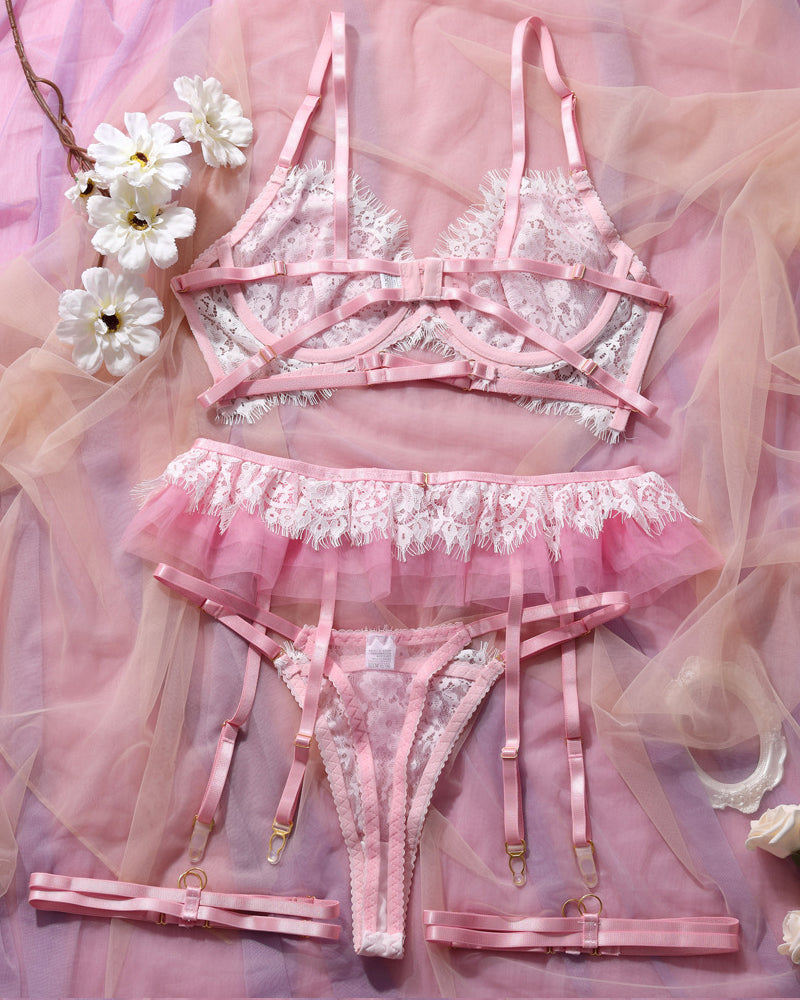 Pink Lace See-through Mesh Lingerie Set