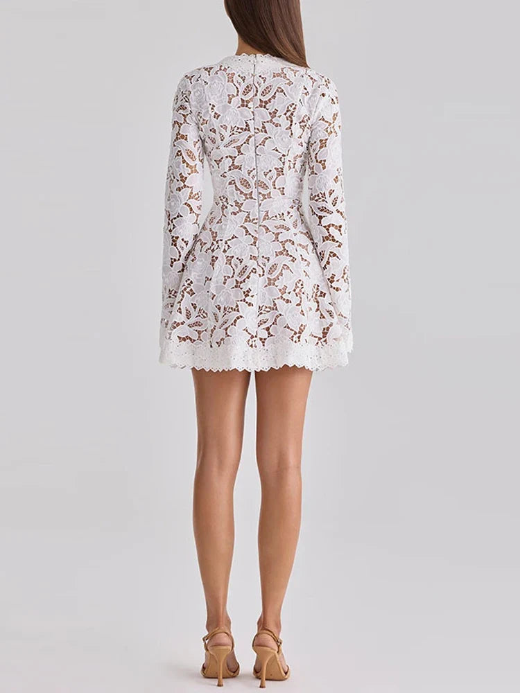 Spring Summer Vacation Casual Bohemian Dresses White Lace Hollowed Out Beach Mini Dresses