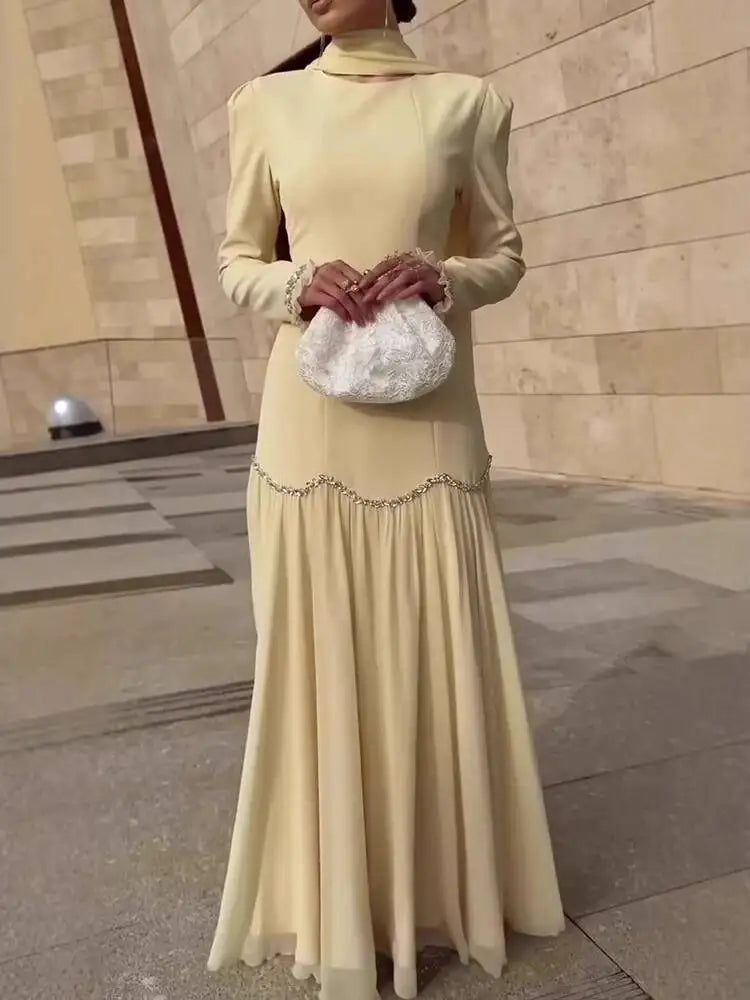 Elegant Ribbon Round Neck Long Sleeved Patchwork Diamond Studded Dresses
