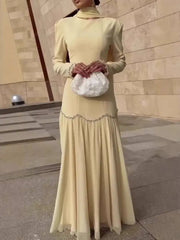 Elegant Ribbon Round Neck Long Sleeved Patchwork Diamond Studded Dresses