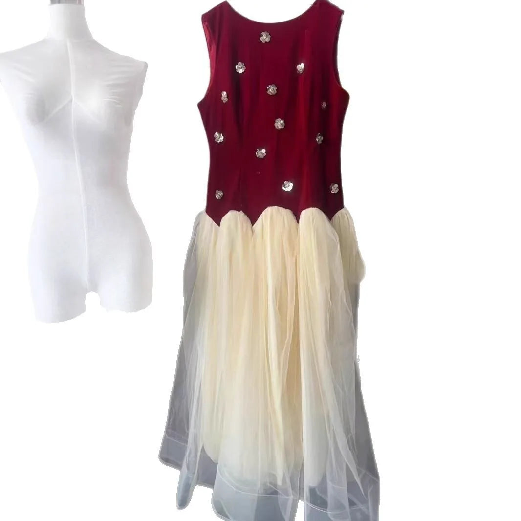 Summer Round Neck Sleeveless Slim High Waist Pullover Mesh Spliced Dresses