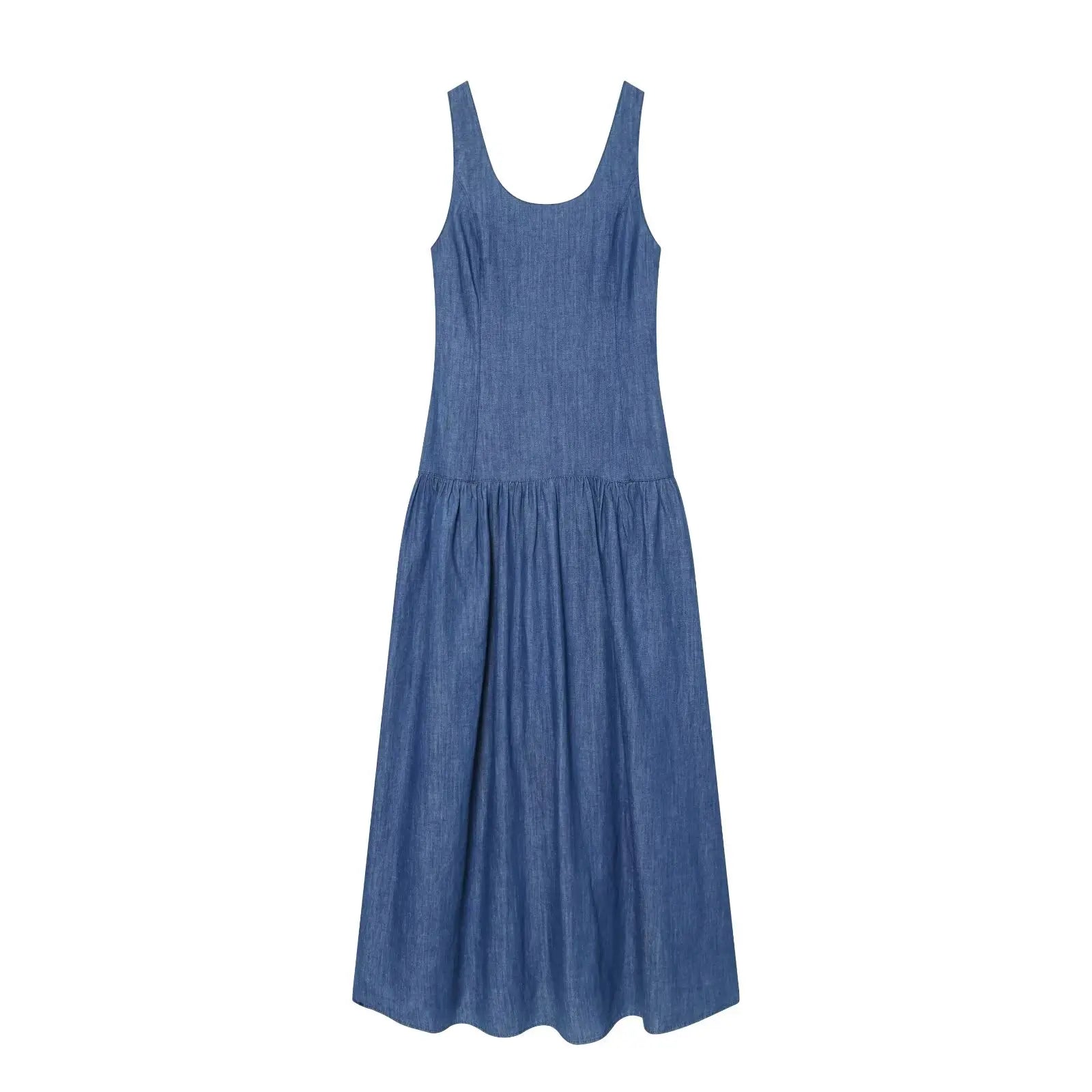 Blue Denim Sleeveless Midi Dresses