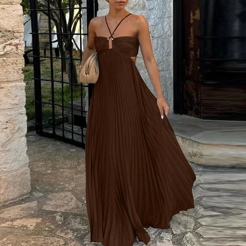 Blue High Waist Pleats Robe Dresses