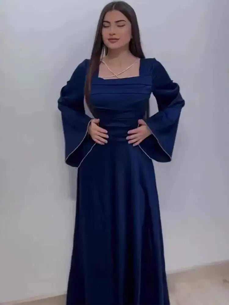 Elegant Square Collar Long Sleeved Bandage Waist Studded Diamond Dresses