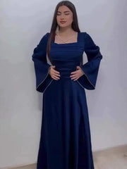 Elegant Square Collar Long Sleeved Bandage Waist Studded Diamond Dresses
