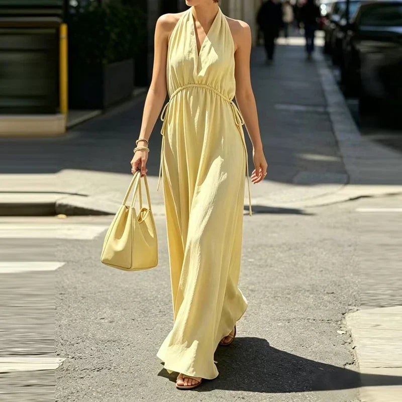 V-neck Drawstring Loose Maxi Dresses
