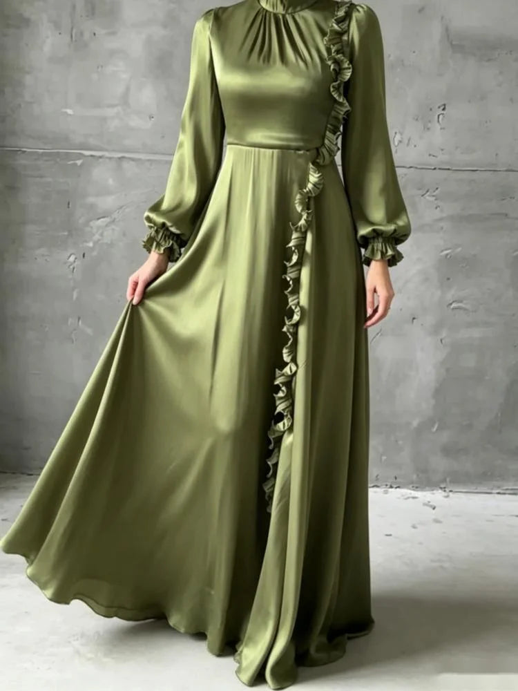 Temperament Lantern Sleeve Fungus Edge Patchwork Dresses