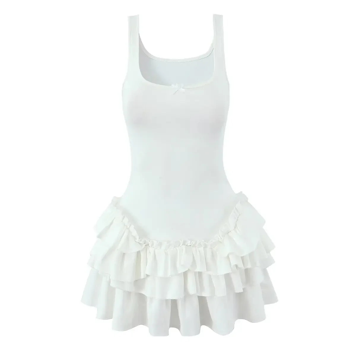 Layered Ruffle Hem White Tank Dresses