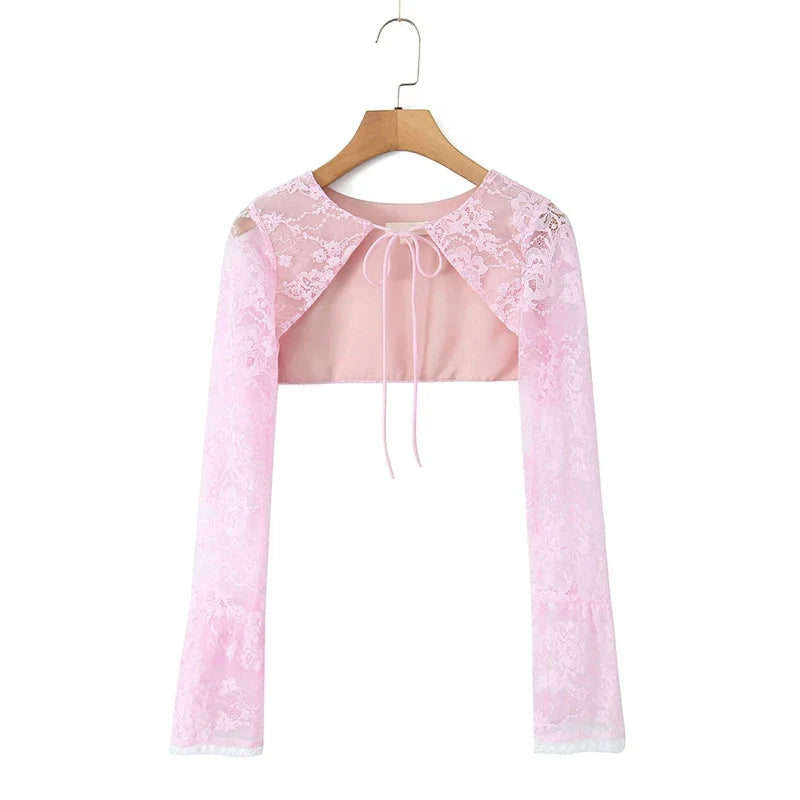 Sexy Elegant 2pcs Pink Lace Dresses Thin Straps + Long Sleeve Crop Top Christmas Party Mini Dresses