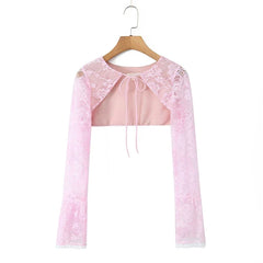 Sexy Elegant 2pcs Pink Lace Dresses Thin Straps + Long Sleeve Crop Top Christmas Party Mini Dresses