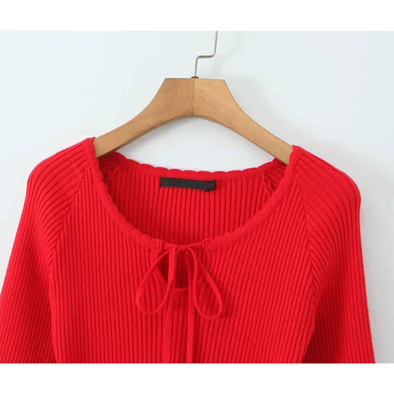 Sexy Lace Up O Neck Red Knit Mini Dresses