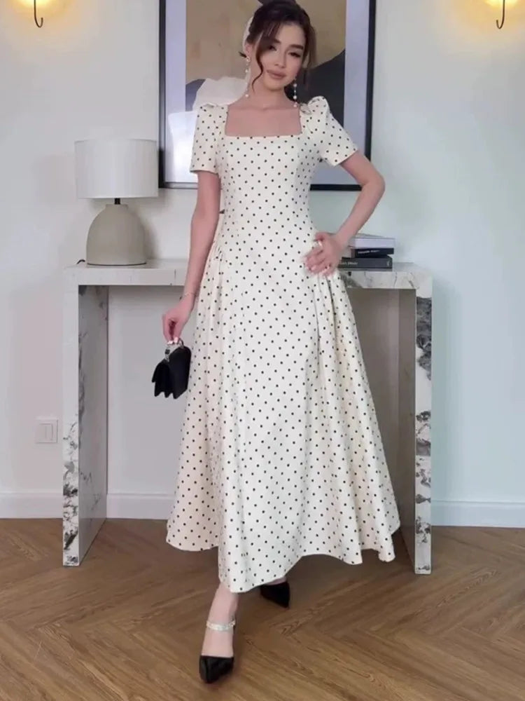 Autumn Retro Polka Dot Square Neck Short Sleeved Dresses