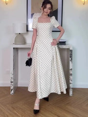 Autumn Retro Polka Dot Square Neck Short Sleeved Dresses