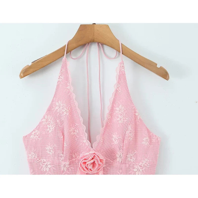 French Sweet Romantic Pink White Lace Embroidery Flower Slim Halter Mini Dresses