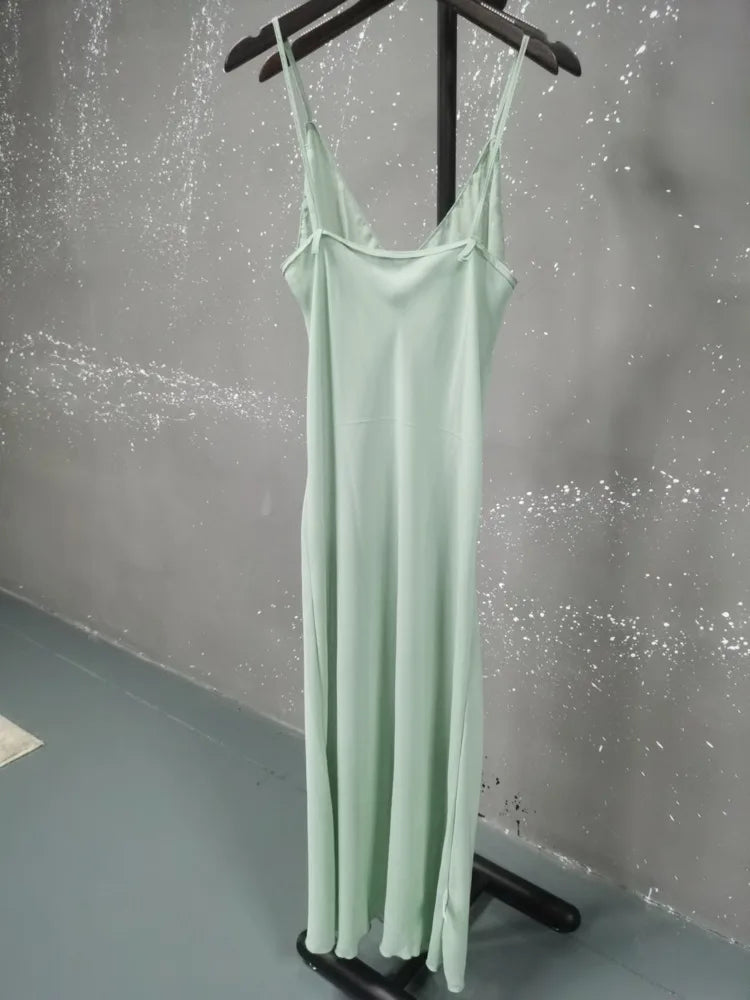 summer V-neck lantern batwing sleeves pleated green color slim high waist pullover loose Dresses