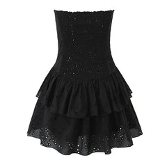 Sexy Hollow Out Embroidery Strapless Dresses Front Buckle Fit And Flare Party Mini Dresses Black White Cotton Robe