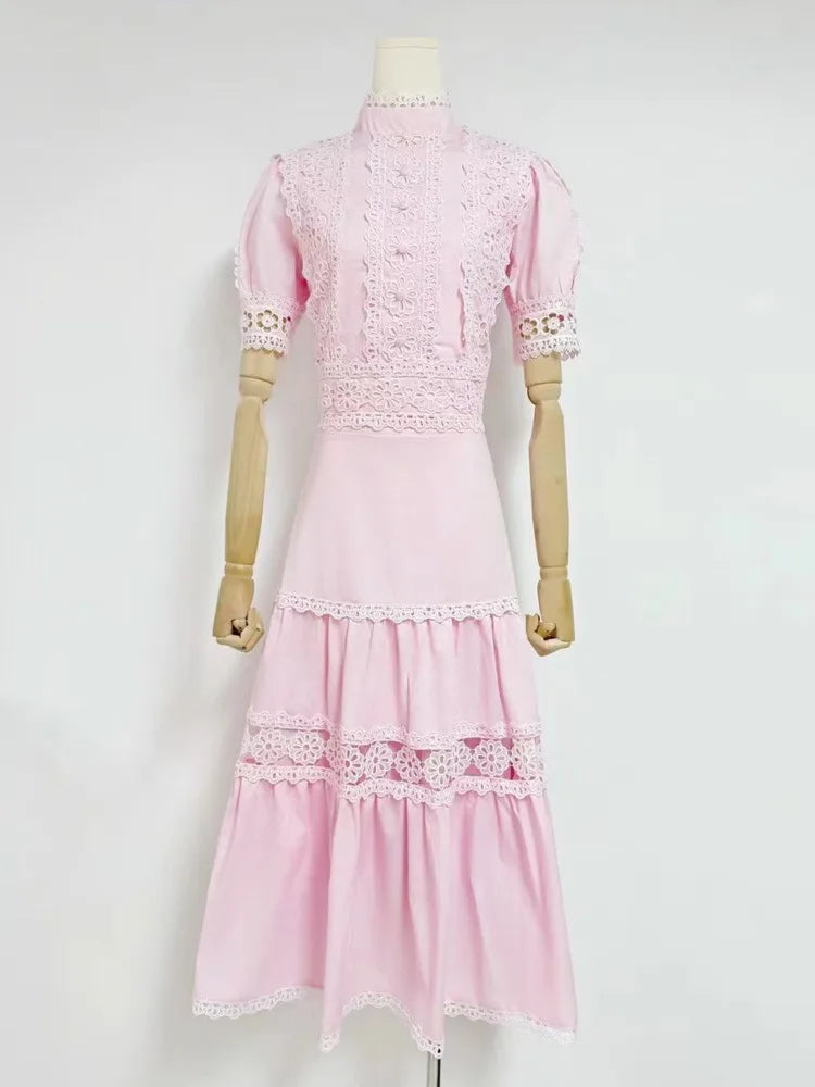 turtleneck short sleeves lace patchwork hollow out slim high waist A-line pullover Dresses