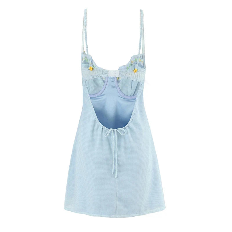Light Blue Floral Embroidery Sling Sexy Dresses Summer Night Out Party Backless Dresses