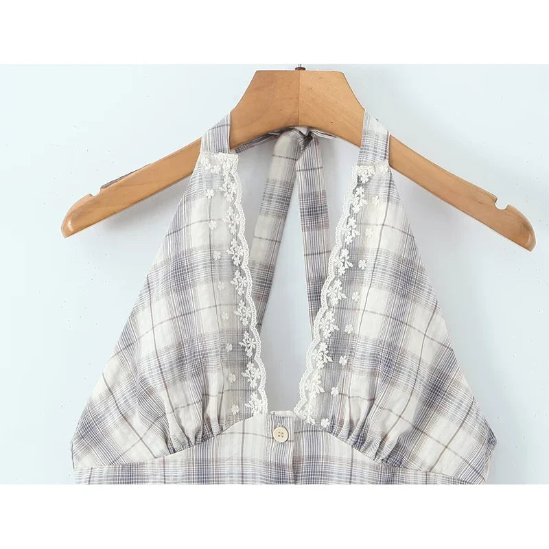 Sexy Backless Halter Plaid Dresses