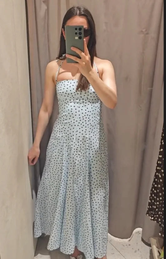 Light Blue Polka Dot Halter Midi Dresses