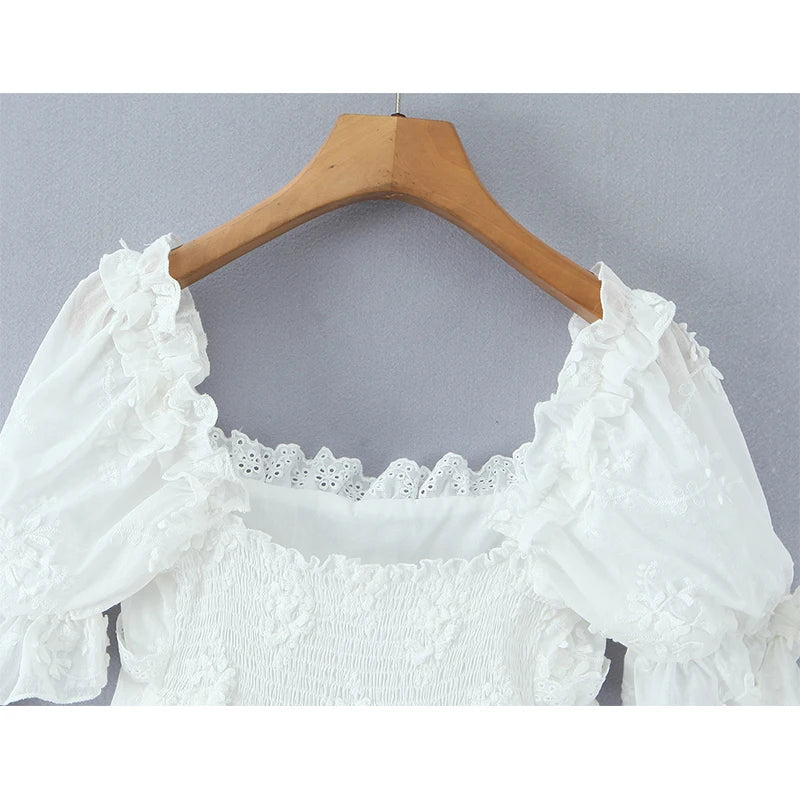 Elegant White Floral Embroidery Mini Dresses