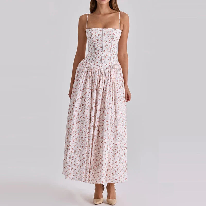 Sexy Backless High Waist Long Dresses Floral Print Camisole Summer Dresses