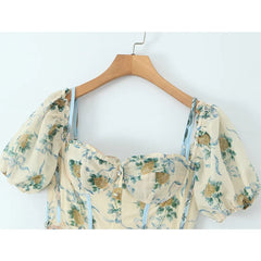 Patchwork Floral Print Boho Summer Dresses Vintage Puff Sleeve A-line Midi Chiffon Dresses
