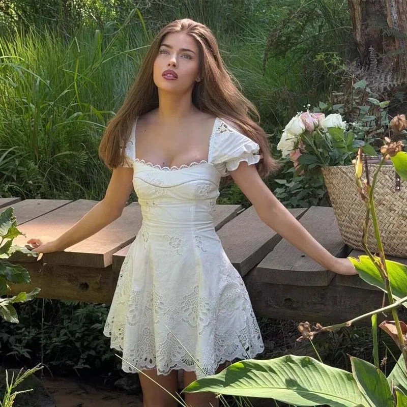 Hollow Out Embroidery White Mini Dresses