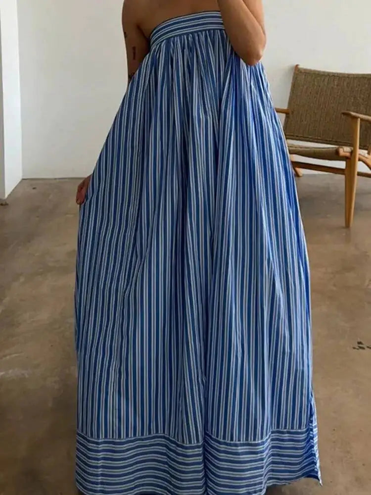 Striped Strapless Bandage Backless Dresses