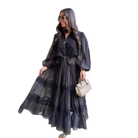 French Style Elegant Court Style Half High Collar Lace Embroidery Hollow Out Trim Long Dress