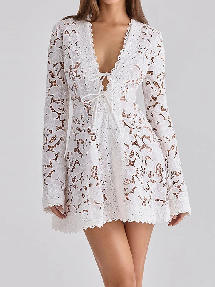 Spring Summer Vacation Casual Bohemian Dresses White Lace Hollowed Out Beach Mini Dresses