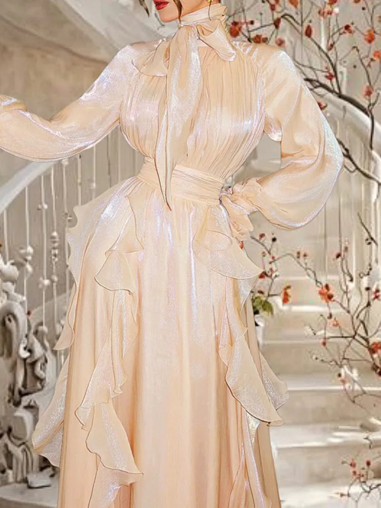 Summer Turtleneck Lantern Full Sleeves Ruffles High Waist Slim Pullover A-line Bottom Dresses