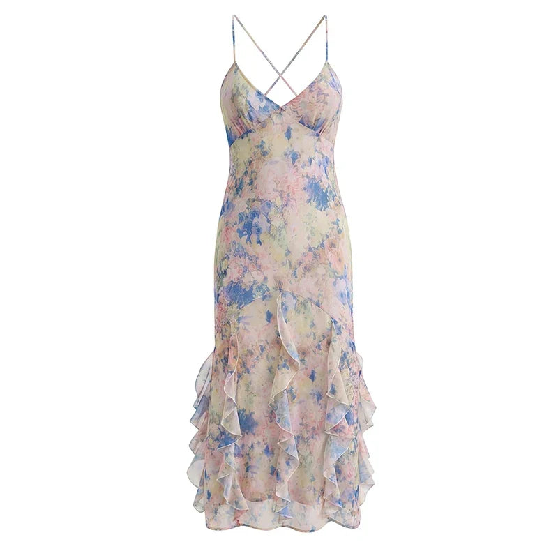 Sexy Backless Sling Floral Print Ruffle Long Dresses