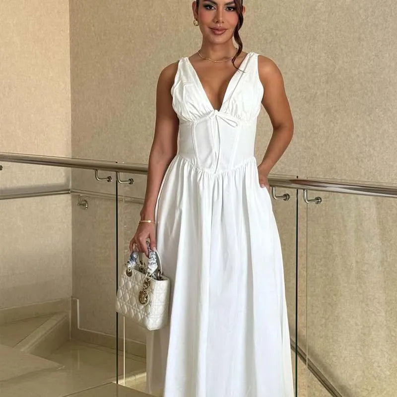 Sexy Elegant Sleeveless Deep V Neck White Dresses