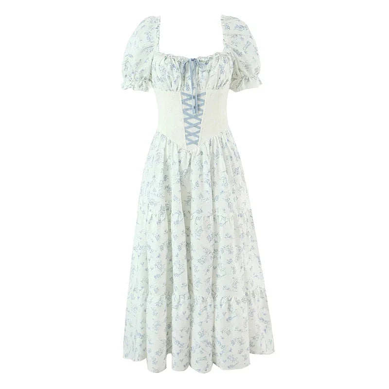 French Sweet Princess Floral Print Vacation Party Dresses Front Lace Up Puff Sleeve A-line Midi Summer Dress