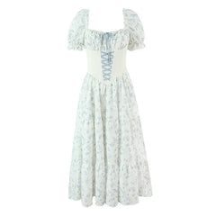 French Sweet Princess Floral Print Vacation Party Dresses Front Lace Up Puff Sleeve A-line Midi Summer Dress
