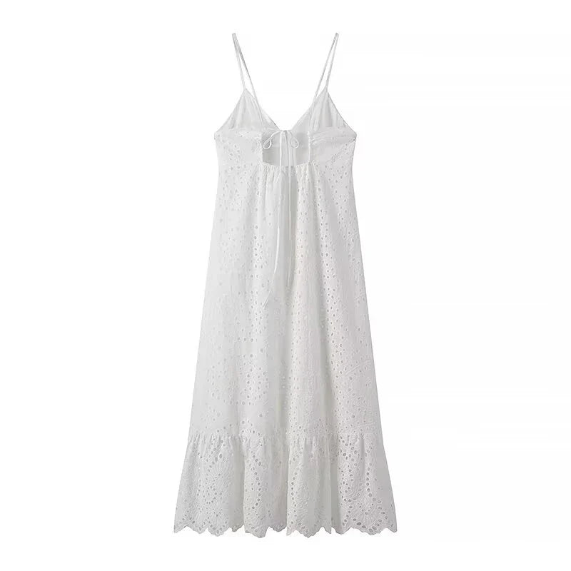 Sexy Backless Hollow Out Embroidery Spaghetti Strap Dresses