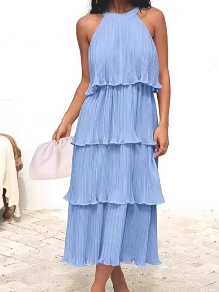 Summer Halter Neck Sleeveless Chiffon Ruffle Elegant Dresses