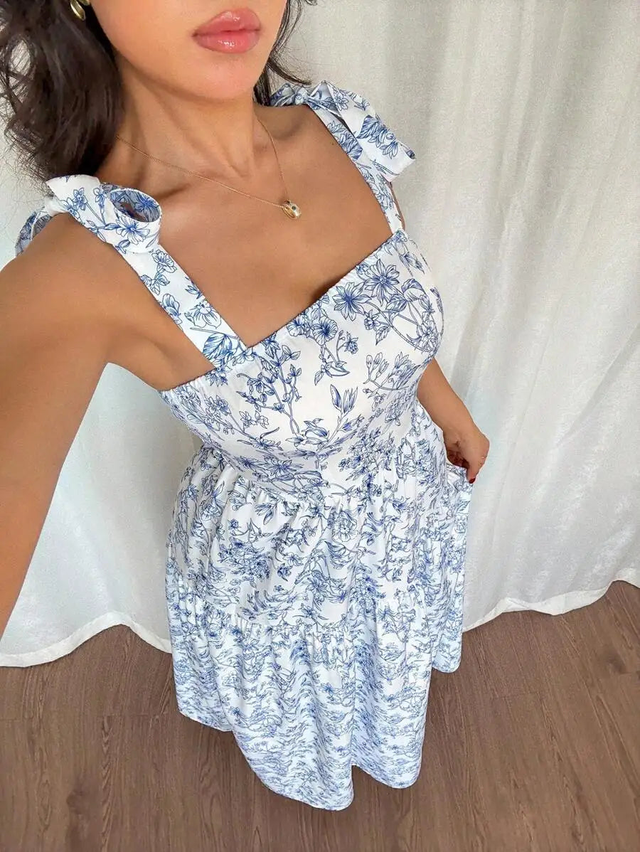 French Elegant Pleated Flounce Floral Print Long Dress, Sleeveless V-Neck Ruffled Dress, Summer Ladies Light Blue Gown Blue