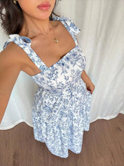 French Elegant Pleated Flounce Floral Print Long Dress, Sleeveless V-Neck Ruffled Dress, Summer Ladies Light Blue Gown Blue